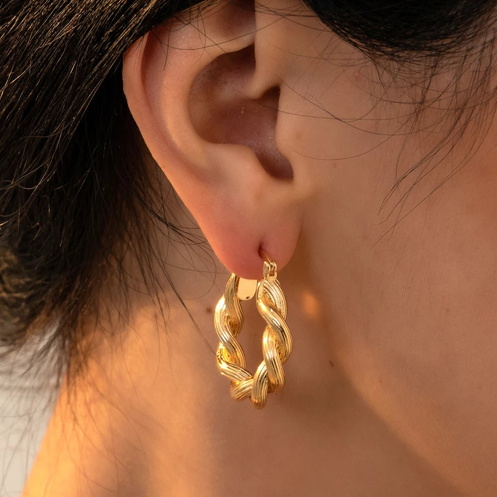 Punk Gold Color Twist Round Piercing Hoop Earrings Female Luxury CZ Crystal Geometric Ear Buckle Huggie Earrings Women Jewelry