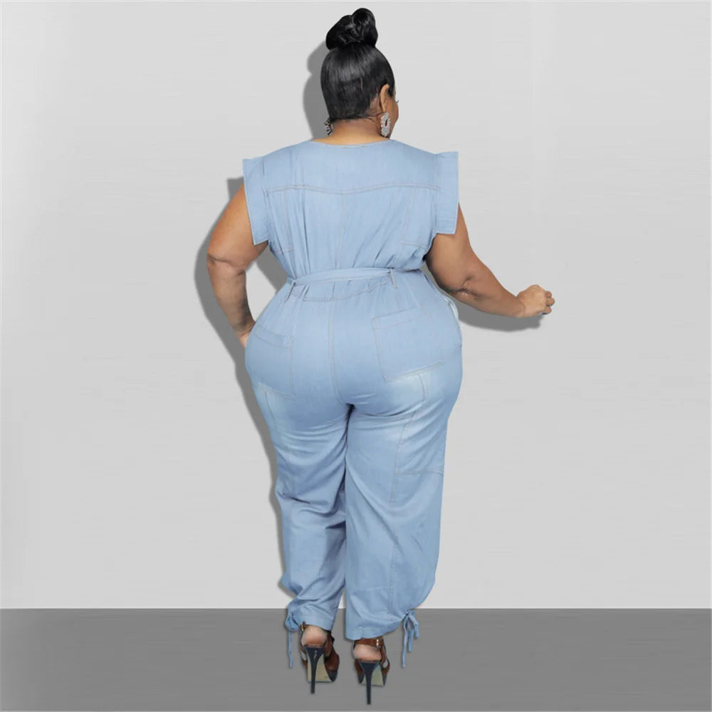 Jumpsuit Plus Size Women Clothing Denim Round Neck Lace Up Sleeveless Trousers Pocket Stretch Bodysuit Wholesale Dropshipping
