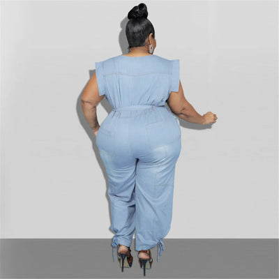 Jumpsuit Plus Size Women Clothing Denim Round Neck Lace Up Sleeveless Trousers Pocket Stretch Bodysuit Wholesale Dropshipping