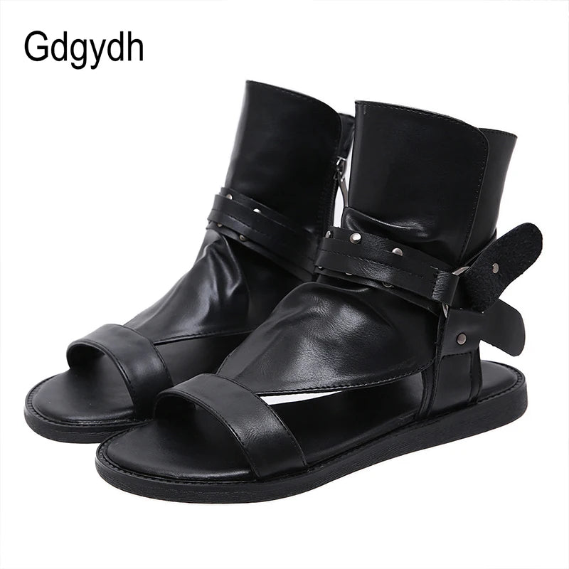 Cosplay Amine Japanese Style Flat Gladiator Sandals Women Buckle Ankle Strap Soft Leather Open Toe Beach Shoes Zipper