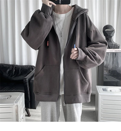 Blue Hoodies Women Sweatshirt Spring Autumn Zipper Coat Pocket Hooded New Loose Solid Color Jacket Trend Handsome Men Tops