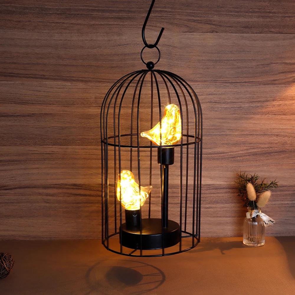 Metal Bird Cage Battery Operated Lamp Cordless Accent Light with Fairy Lights Bird Bulb Lantern for Holiday Party Decor