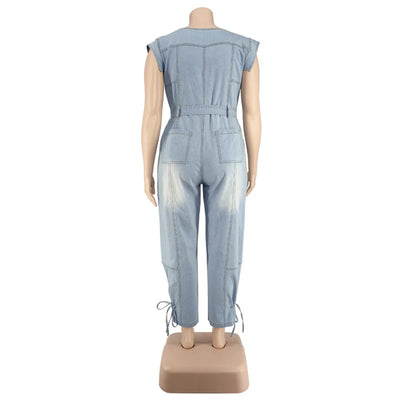 Jumpsuit Plus Size Women Clothing Denim Round Neck Lace Up Sleeveless Trousers Pocket Stretch Bodysuit Wholesale Dropshipping