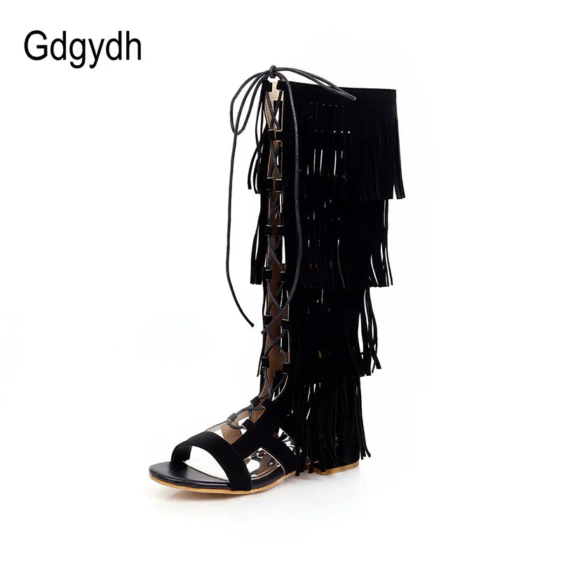 Sexy Tassel Gladiator Sandals Women Knee High Low Heel Back Zipper Spring Summer Shoes Ladies Open Toe Romen Style Retro