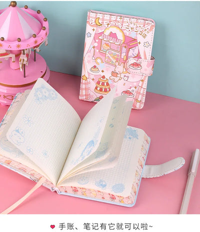 256 Page Children Cute Notebook Color Page Illustration Magnetic Button Soft Leather Diary Student Planner Agenda Notepad Book