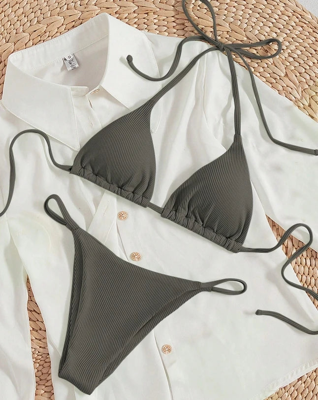 Factory Wholesale Women's Sexy Small Rib Bikini Set Two Piece Swimsuit with Printed Pattern Beach Wear