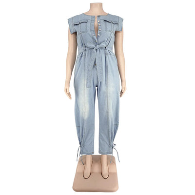 Jumpsuit Plus Size Women Clothing Denim Round Neck Lace Up Sleeveless Trousers Pocket Stretch Bodysuit Wholesale Dropshipping