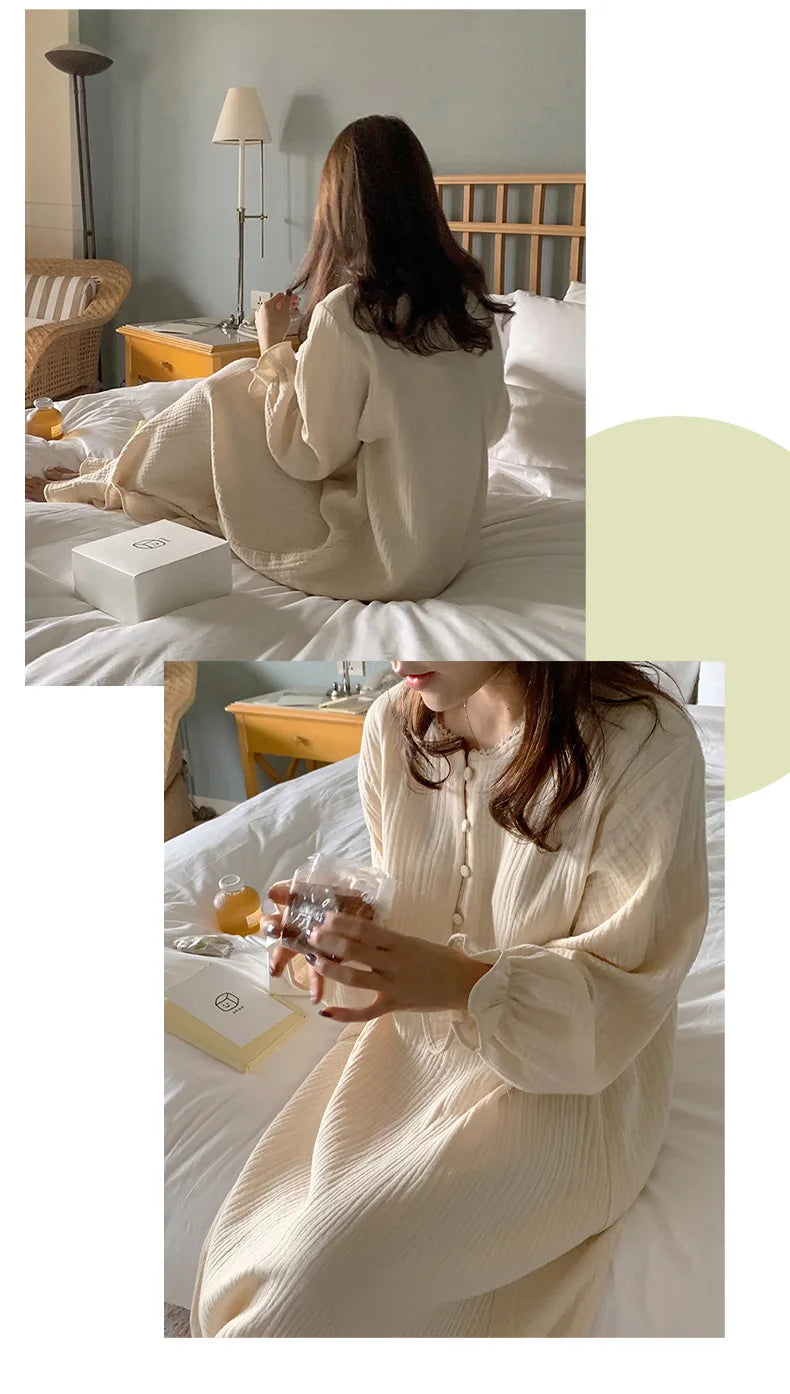 100% Cotton Woman Dress Cute Cherry Print Long Sleeve Button Up Korean Maxi Dresses Comfortable Homewear Vestido De Mujer