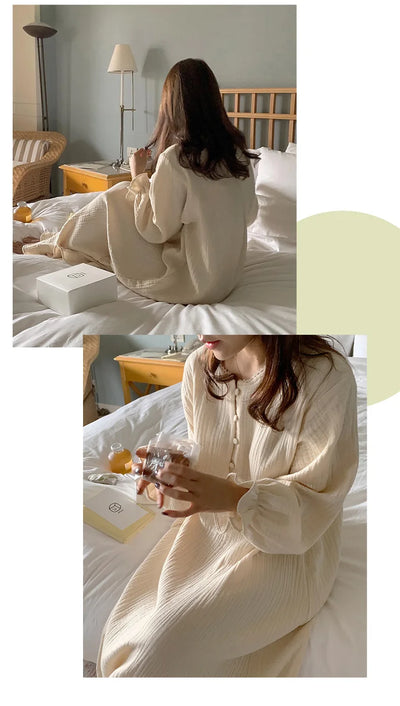 100% Cotton Woman Dress Cute Cherry Print Long Sleeve Button Up Korean Maxi Dresses Comfortable Homewear Vestido De Mujer