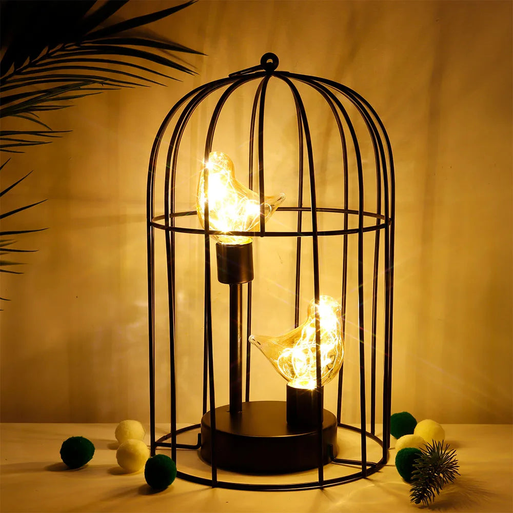 Metal Bird Cage Battery Operated Lamp Cordless Accent Light with Fairy Lights Bird Bulb Lantern for Holiday Party Decor
