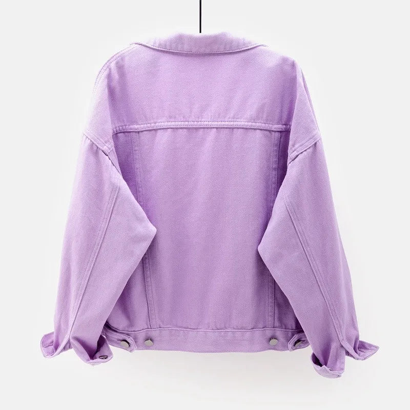 Women's Denim Jacket Spring Autumn Short Coat Pink Jean Jackets Casual Tops Purple Yellow White Loose Tops Lady Outerwear KW02