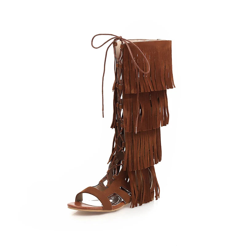 Sexy Tassel Gladiator Sandals Women Knee High Low Heel Back Zipper Spring Summer Shoes Ladies Open Toe Romen Style Retro