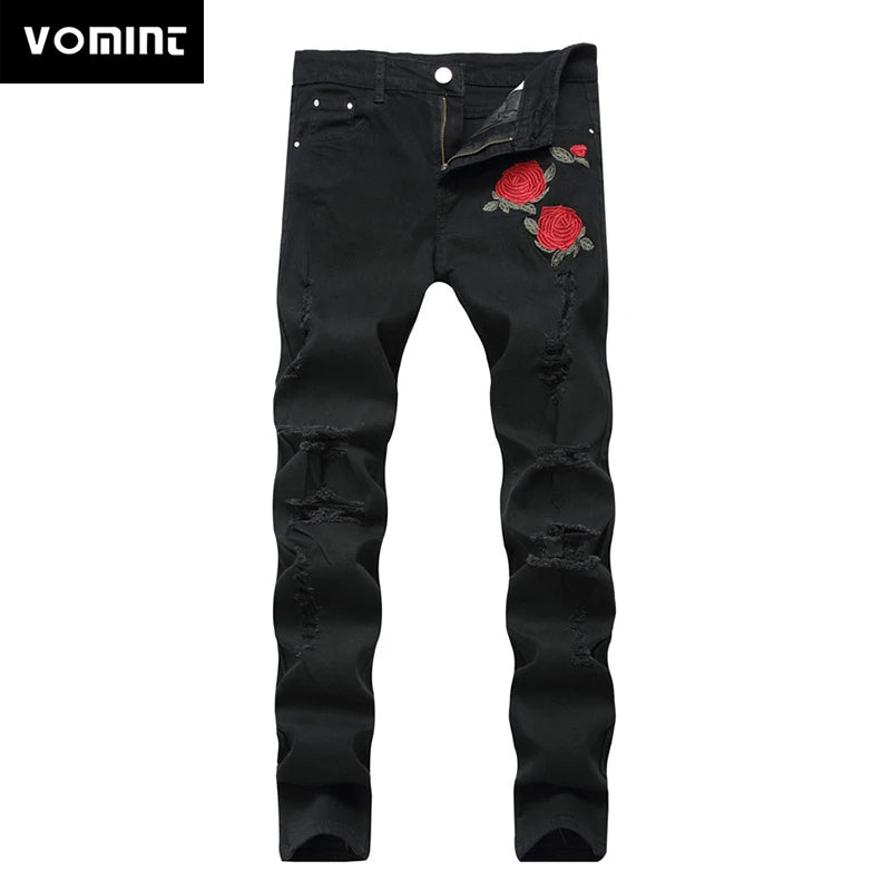 New Black Ripped Jeans with Embroidery Men with Flowers Rose Embroidered Men's Denim Jeans Stretch Skinny Jeans Pants