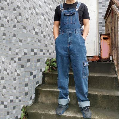 Men's Overalls Jumpsuit Large Size Strap Straight Blue Jeans With 7 Pockets