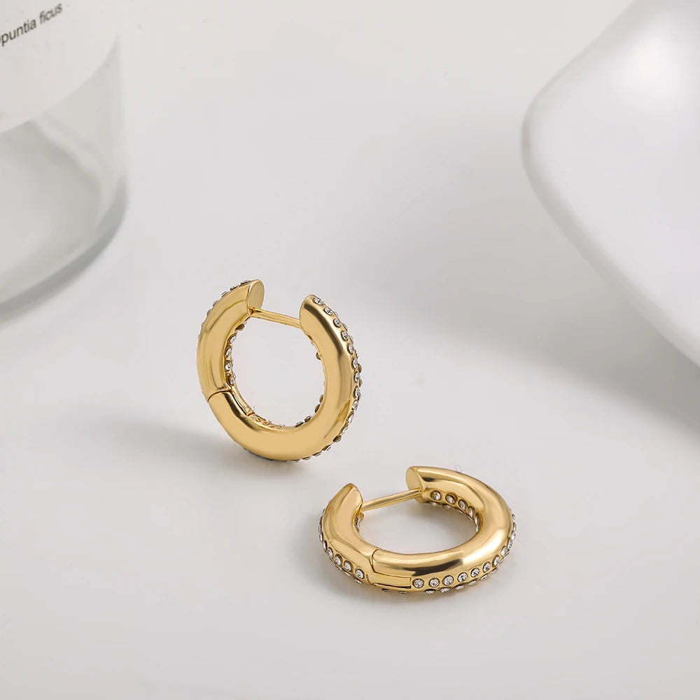 Punk Gold Color Twist Round Piercing Hoop Earrings Female Luxury CZ Crystal Geometric Ear Buckle Huggie Earrings Women Jewelry