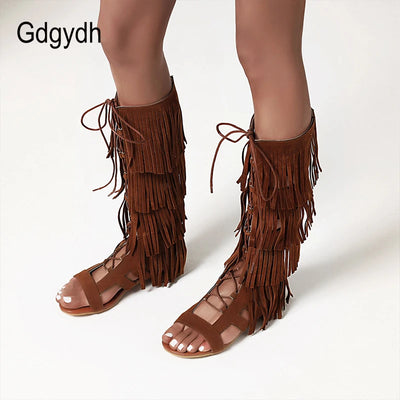 Sexy Tassel Gladiator Sandals Women Knee High Low Heel Back Zipper Spring Summer Shoes Ladies Open Toe Romen Style Retro