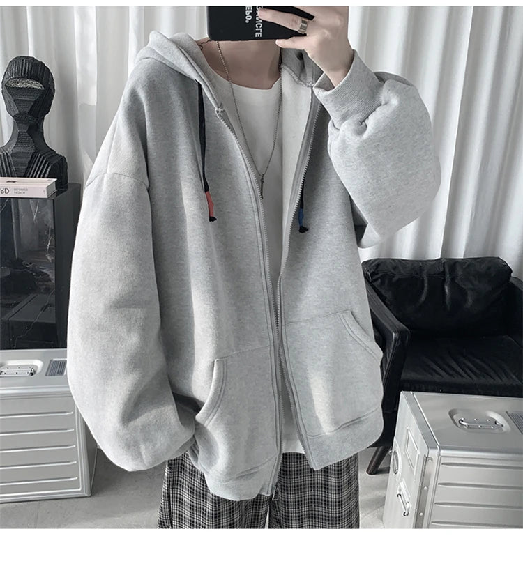Blue Hoodies Women Sweatshirt Spring Autumn Zipper Coat Pocket Hooded New Loose Solid Color Jacket Trend Handsome Men Tops