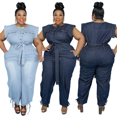Jumpsuit Plus Size Women Clothing Denim Round Neck Lace Up Sleeveless Trousers Pocket Stretch Bodysuit Wholesale Dropshipping