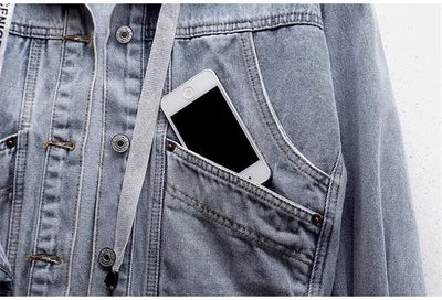 Blue Deconstructable Hooded Turn-down Collar Denim Jacket Women Loose Button Patchwork Outwear Jean Coat Female