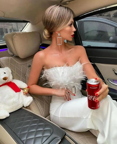 Jumpsuit Women Elegant Long Jumpsuit Strapless Slash Neck Feather Tube Top Sexy Fashion Party Night Evening Jumpsuit 2021 Summer