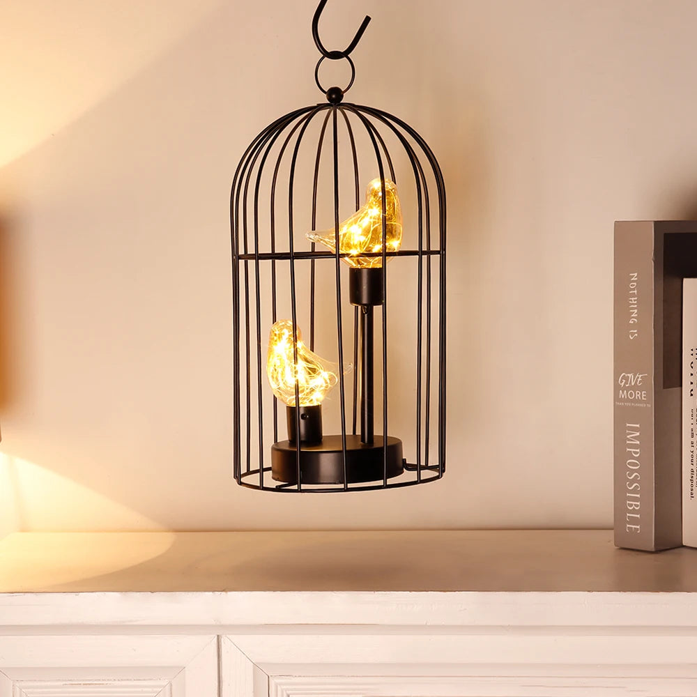 Metal Bird Cage Battery Operated Lamp Cordless Accent Light with Fairy Lights Bird Bulb Lantern for Holiday Party Decor