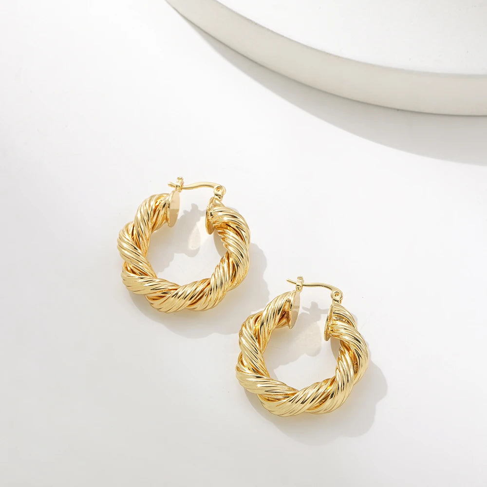 Punk Gold Color Twist Round Piercing Hoop Earrings Female Luxury CZ Crystal Geometric Ear Buckle Huggie Earrings Women Jewelry
