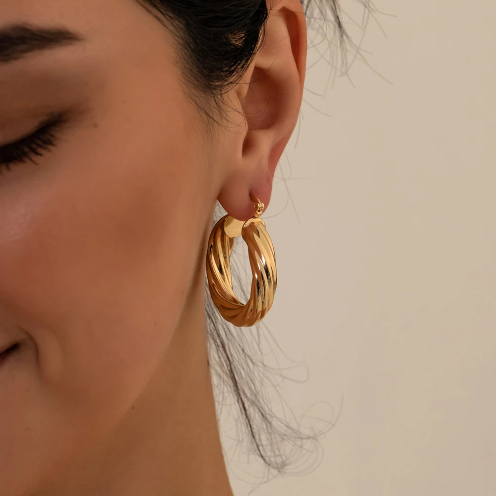 Punk Gold Color Twist Round Piercing Hoop Earrings Female Luxury CZ Crystal Geometric Ear Buckle Huggie Earrings Women Jewelry