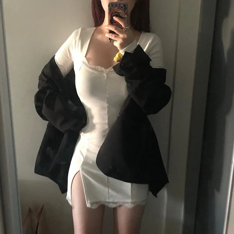 Autumn Spring Women Sexy Lace Patchwork Long Sleeve Split Dress Hip Package Mini Vestido Party Club Low Chest Outfits Cloth