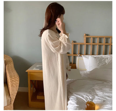 100% Cotton Woman Dress Cute Cherry Print Long Sleeve Button Up Korean Maxi Dresses Comfortable Homewear Vestido De Mujer