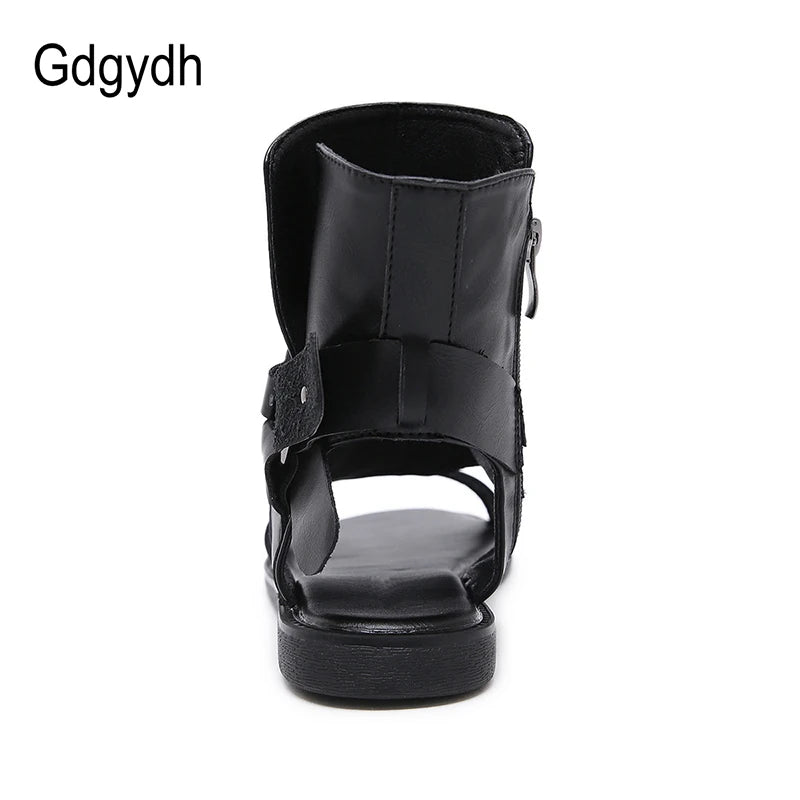 Cosplay Amine Japanese Style Flat Gladiator Sandals Women Buckle Ankle Strap Soft Leather Open Toe Beach Shoes Zipper