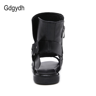 Cosplay Amine Japanese Style Flat Gladiator Sandals Women Buckle Ankle Strap Soft Leather Open Toe Beach Shoes Zipper