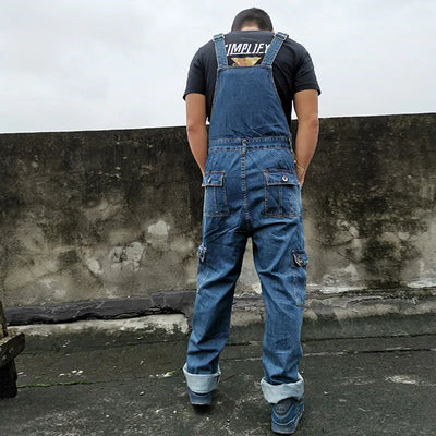 Men's Overalls Jumpsuit Large Size Strap Straight Blue Jeans With 7 Pockets