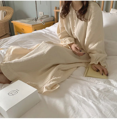 100% Cotton Woman Dress Cute Cherry Print Long Sleeve Button Up Korean Maxi Dresses Comfortable Homewear Vestido De Mujer