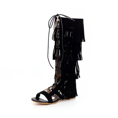 Sexy Tassel Gladiator Sandals Women Knee High Low Heel Back Zipper Spring Summer Shoes Ladies Open Toe Romen Style Retro