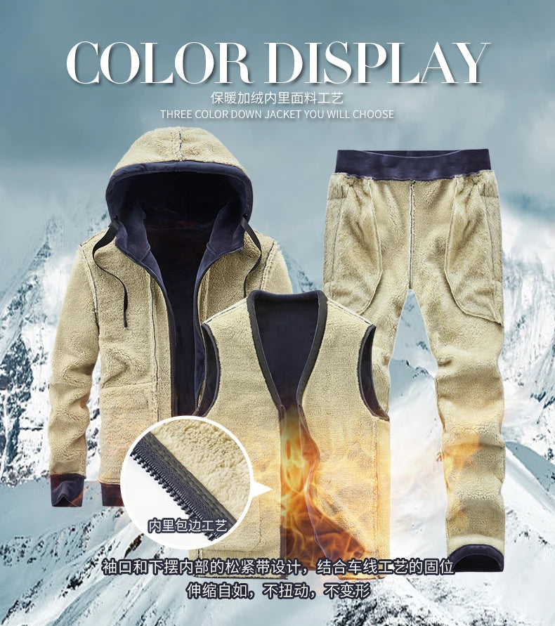 Men Winter Plus Velvet Thick Tracksuits Men's Lamb Cashmere Hoodies+vests+pants Three-pieces Sets Men Warm Casual Lamb Wool Sets