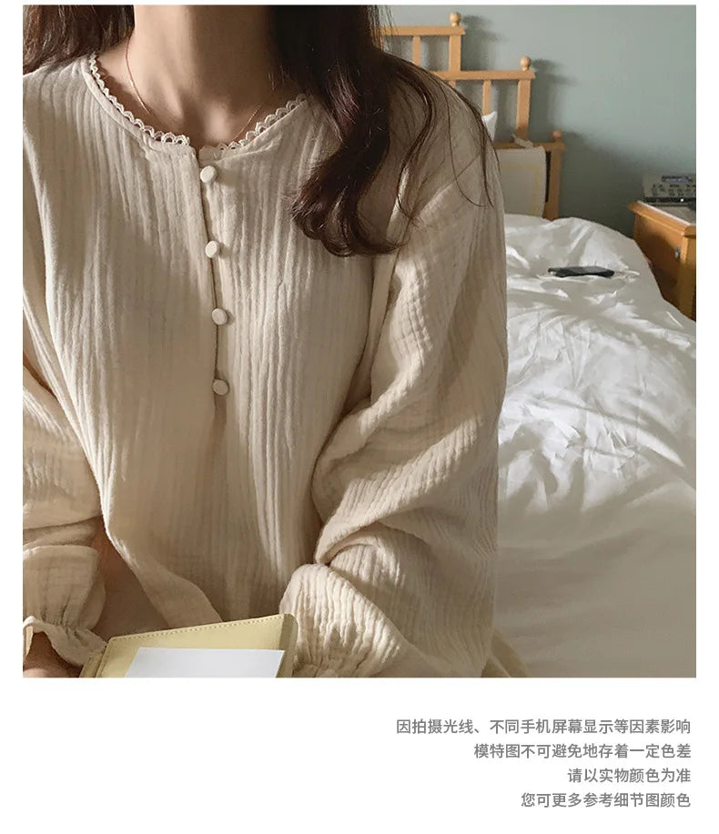 100% Cotton Woman Dress Cute Cherry Print Long Sleeve Button Up Korean Maxi Dresses Comfortable Homewear Vestido De Mujer