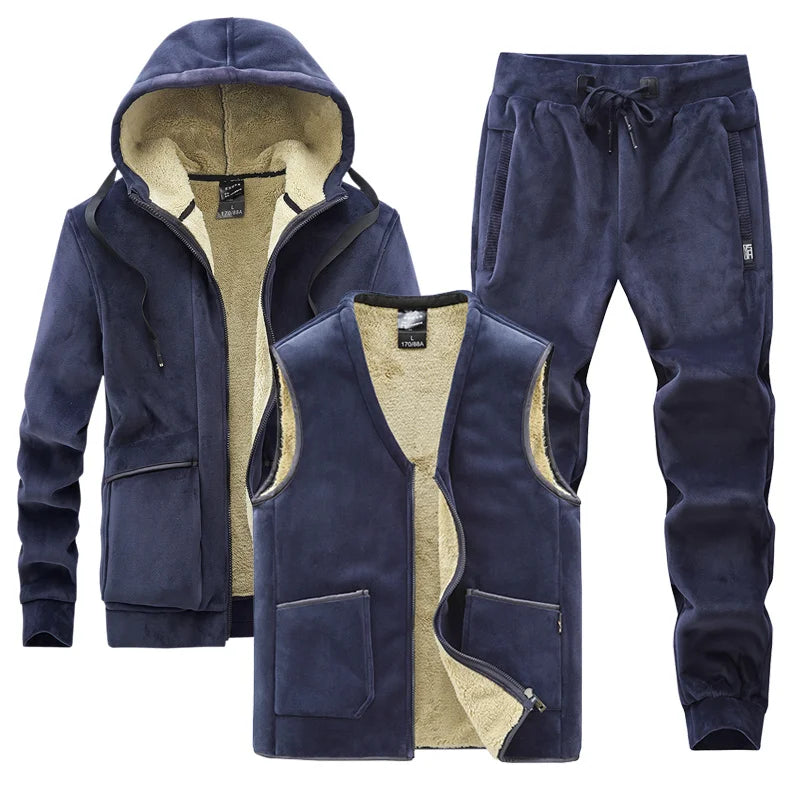 Men Winter Plus Velvet Thick Tracksuits Men's Lamb Cashmere Hoodies+vests+pants Three-pieces Sets Men Warm Casual Lamb Wool Sets