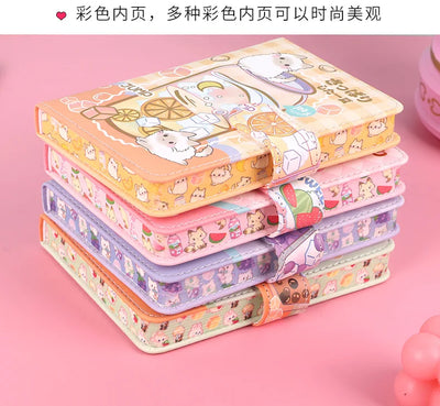 256 Page Children Cute Notebook Color Page Illustration Magnetic Button Soft Leather Diary Student Planner Agenda Notepad Book