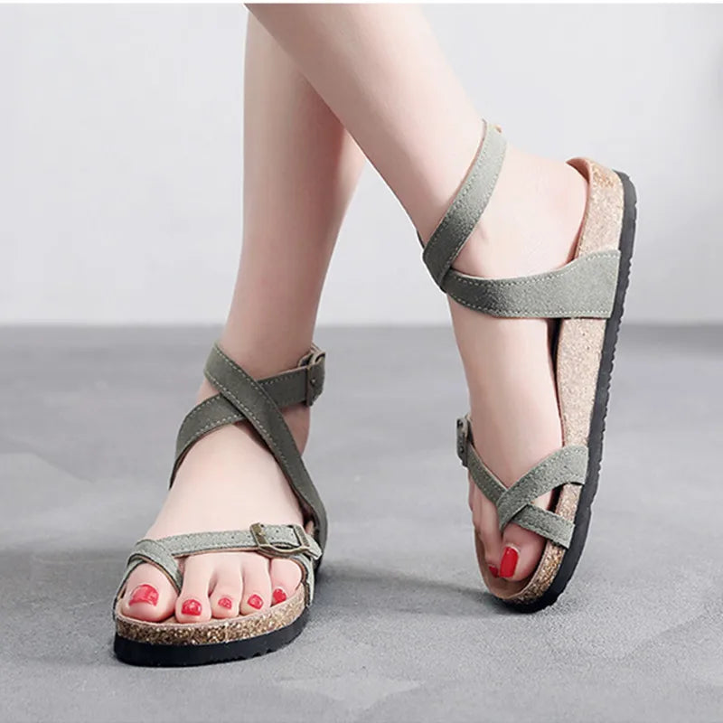 New Summer Women Cork Sandals Gladiator Beach Buckle Strap Solid Casual Outside Sandalias Shoe