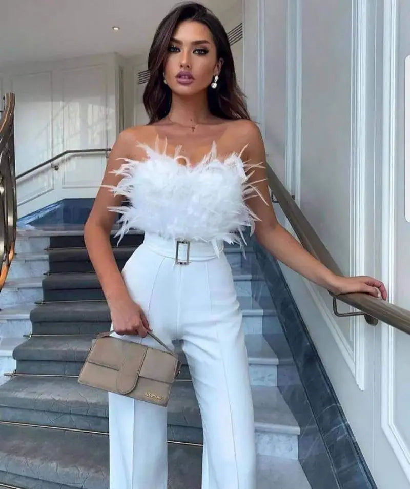 Jumpsuit Women Elegant Long Jumpsuit Strapless Slash Neck Feather Tube Top Sexy Fashion Party Night Evening Jumpsuit 2021 Summer