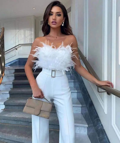 Jumpsuit Women Elegant Long Jumpsuit Strapless Slash Neck Feather Tube Top Sexy Fashion Party Night Evening Jumpsuit 2021 Summer
