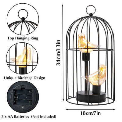 Metal Bird Cage Battery Operated Lamp Cordless Accent Light with Fairy Lights Bird Bulb Lantern for Holiday Party Decor