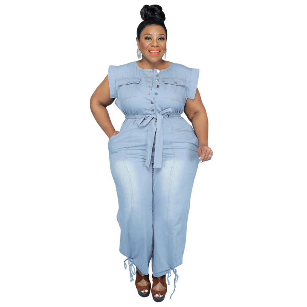 Jumpsuit Plus Size Women Clothing Denim Round Neck Lace Up Sleeveless Trousers Pocket Stretch Bodysuit Wholesale Dropshipping
