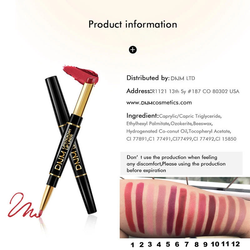 12 Colors 2 In1 Long-lasting Lip Liner Matte Lipsticks Portable Lip Pencil Waterproof Moisturizing Lip Makeup Contour Cosmetics