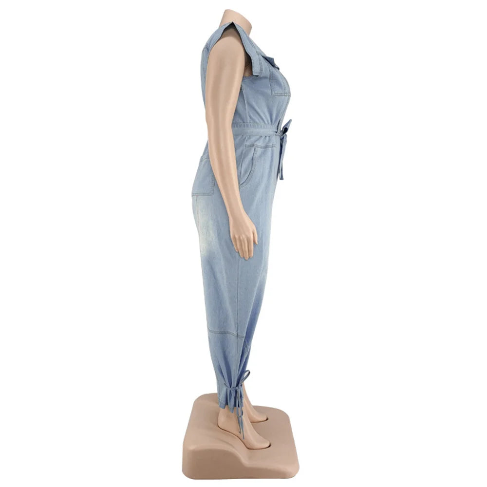 Jumpsuit Plus Size Women Clothing Denim Round Neck Lace Up Sleeveless Trousers Pocket Stretch Bodysuit Wholesale Dropshipping