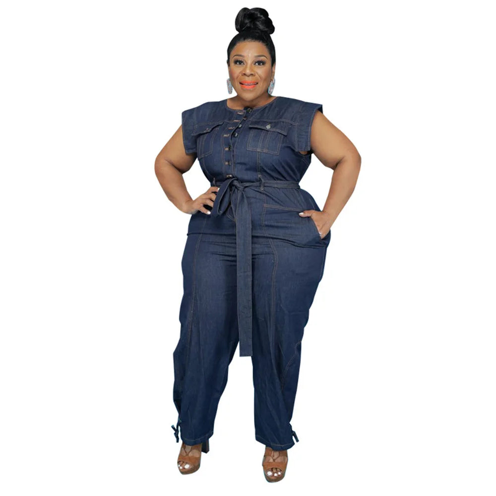 Jumpsuit Plus Size Women Clothing Denim Round Neck Lace Up Sleeveless Trousers Pocket Stretch Bodysuit Wholesale Dropshipping