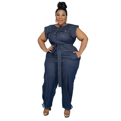 Jumpsuit Plus Size Women Clothing Denim Round Neck Lace Up Sleeveless Trousers Pocket Stretch Bodysuit Wholesale Dropshipping