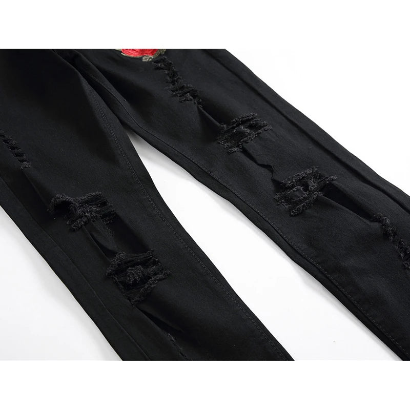 New Black Ripped Jeans with Embroidery Men with Flowers Rose Embroidered Men's Denim Jeans Stretch Skinny Jeans Pants