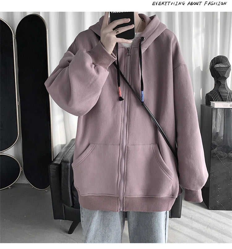 Blue Hoodies Women Sweatshirt Spring Autumn Zipper Coat Pocket Hooded New Loose Solid Color Jacket Trend Handsome Men Tops