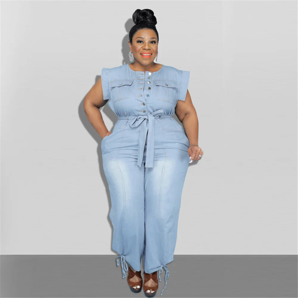 Jumpsuit Plus Size Women Clothing Denim Round Neck Lace Up Sleeveless Trousers Pocket Stretch Bodysuit Wholesale Dropshipping